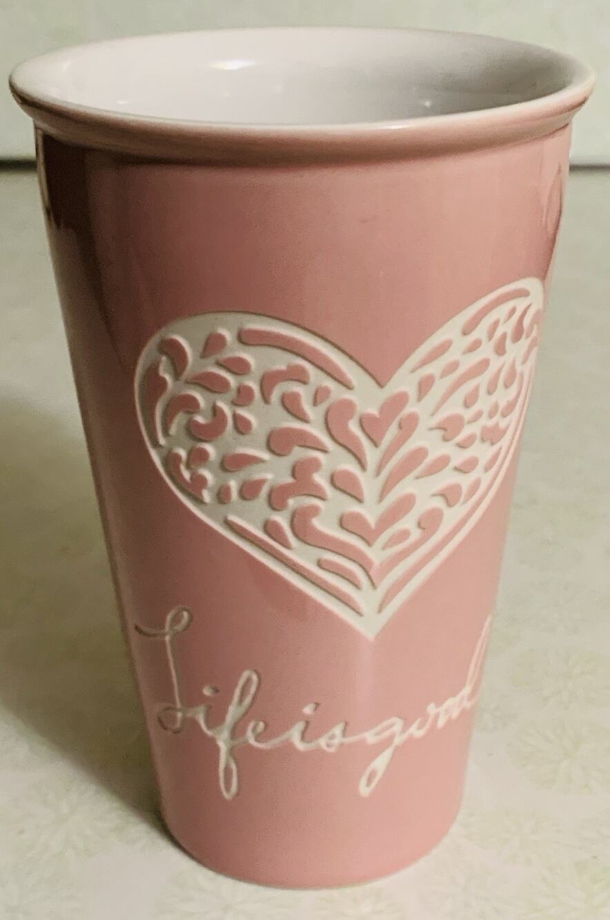 Life Is Good Home Pink Ceramic Tumbler Mug Etched Heart Cursive Letters
